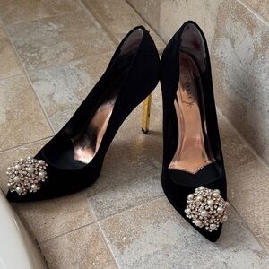 TED BAKER Black Suede Heels with Pearl Embellishments LIKE NEW